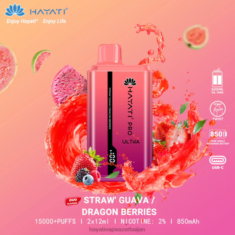 Hayati Pro Ultra birdəfəlik 15000 puf çiyələk guava/dragon giləmeyvə 6TZ6F224 Hayati Vape Flavours