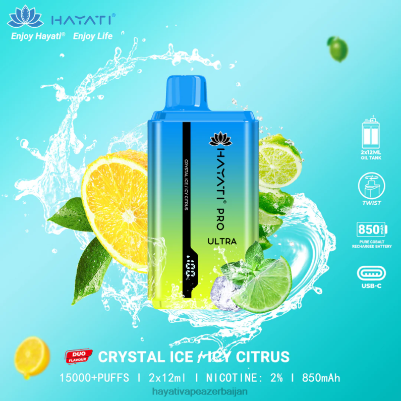 Hayati Pro Ultra birdəfəlik 15000 puf kristal buz/buzlu sitrus 6TZ6F218 Hayati Flavours Azerbaijan