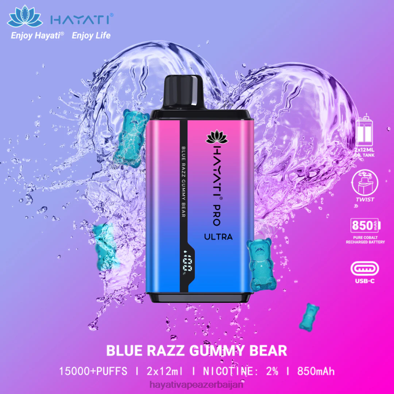 Hayati Pro Ultra birdəfəlik 15000 puf mavi razz saqqızlı ayı 6TZ6F194 Hayati Vape Flavours